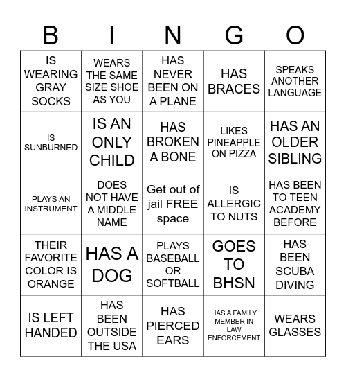 TEEN ACADEMY BINGO Card