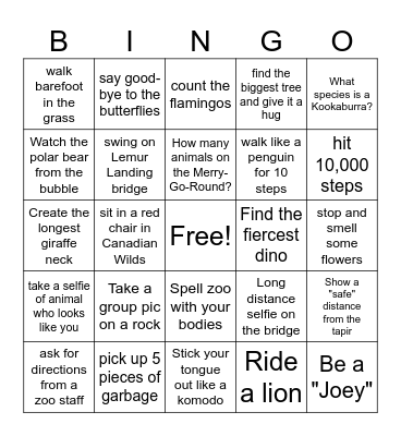 Calgary Zoo Wellness Scavenger Hunt Bingo Card