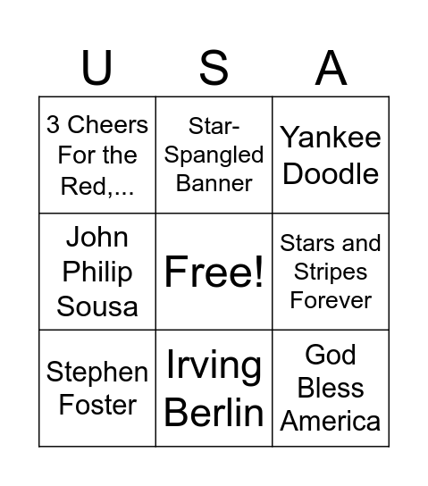 Sing For America Bingo Card