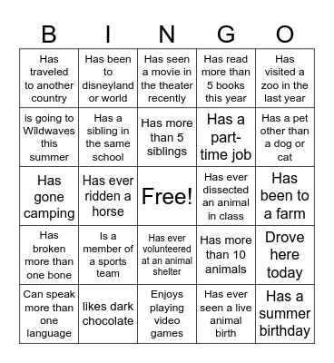 1st day of Summer School Bingo Card