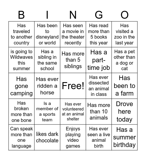 1st day of Summer School Bingo Card