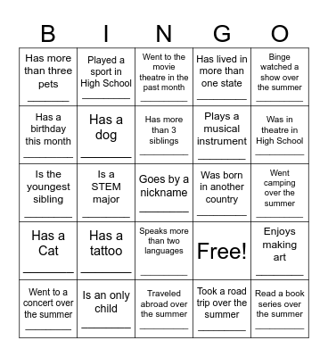 Summer Social Bingo Card