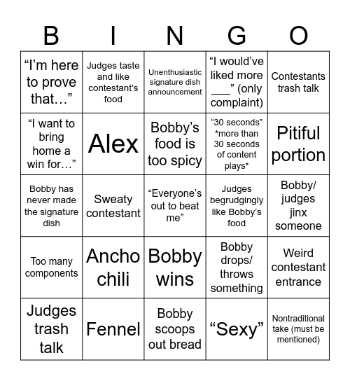 Bobby Flay Bingo Card