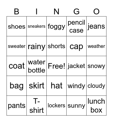 Clothes and weather Bingo Card