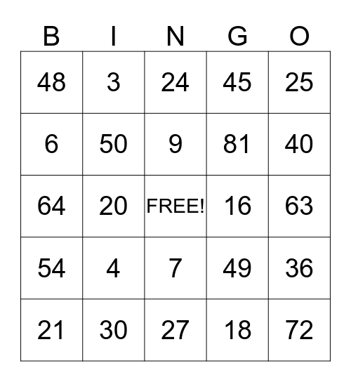 Math Multiplication Bingo Card