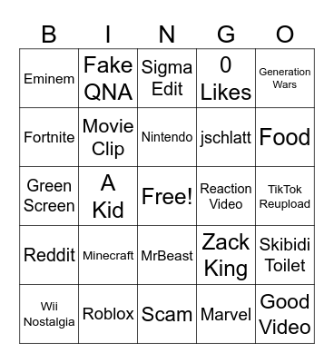 YouTube Shorts Bingo Card