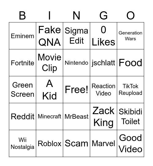 YouTube Shorts Bingo Card