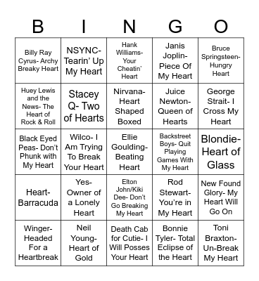 Radio Bingo Songs with Heart Bingo Card