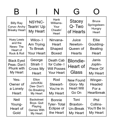 Radio Bingo Songs with Heart Bingo Card