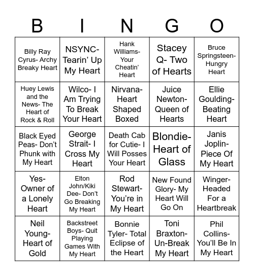 Radio Bingo Songs with Heart Bingo Card