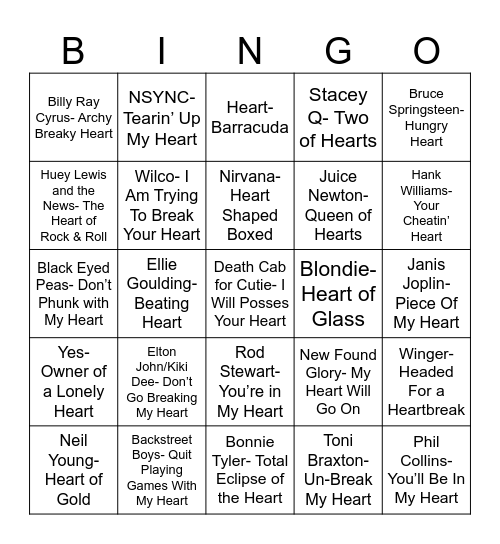 Radio Bingo Songs with Heart Bingo Card