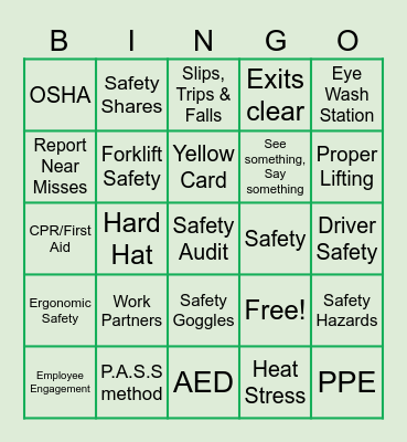 Safety Week Bingo Card