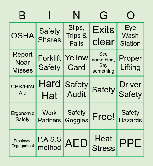 Safety Week Bingo Card