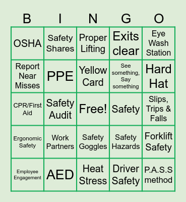 Safety Week Bingo Card