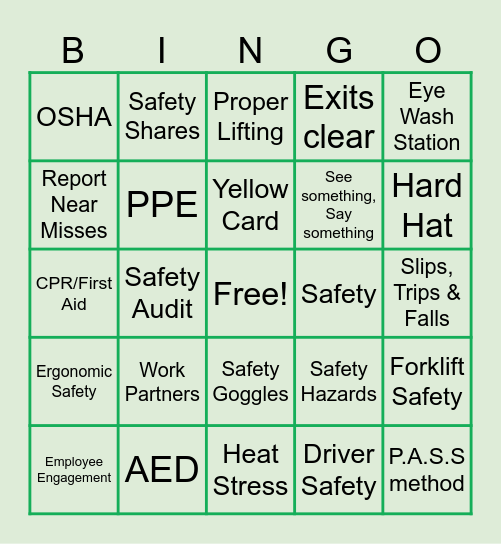 Safety Week Bingo Card