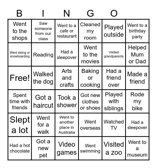 School Holiday Bingo Card