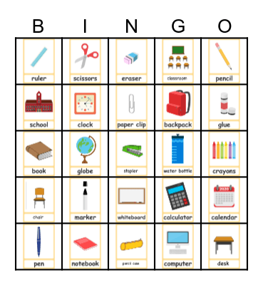 Classroom Objects Bingo Card