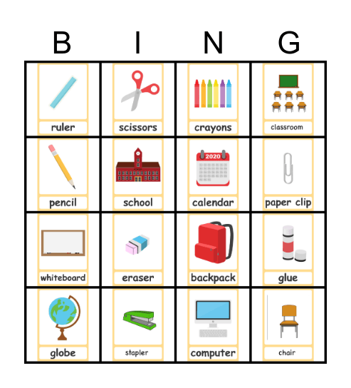 Classroom Objects Bingo Card