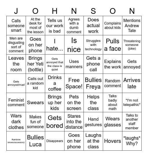 Mrs Johnson Bingo Card