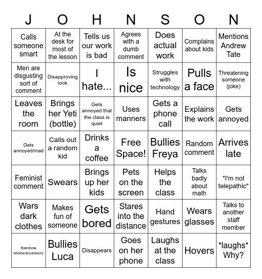 Mrs Johnson Bingo Card