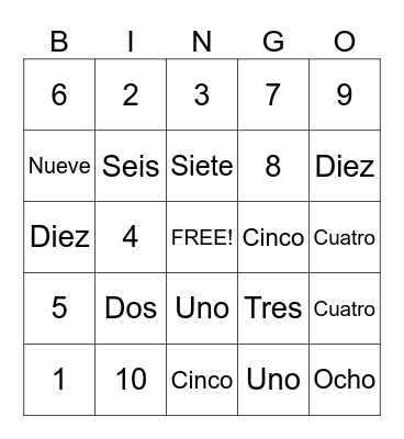 Spanish Number Words Bingo Card
