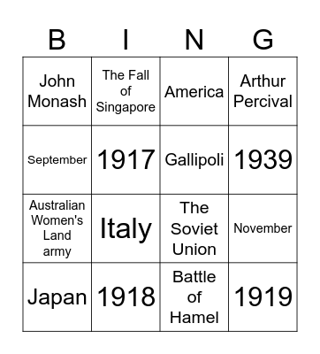 Australian's at War Revision Bingo Card