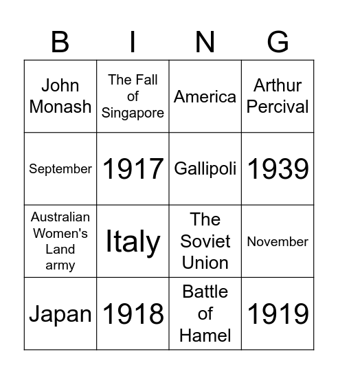 Australian's at War Revision Bingo Card