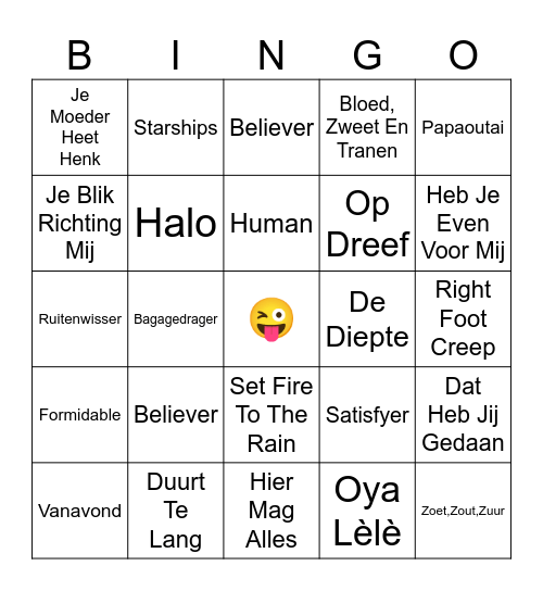 Muziek Bingo Card