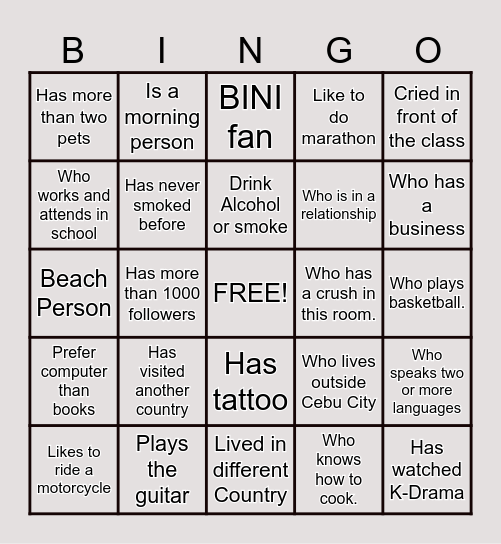 GTKY Bingo Card