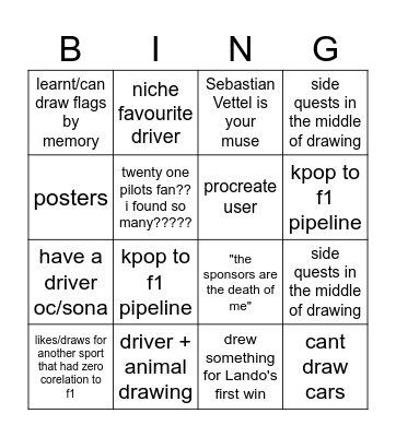 F1 artist bingo Card