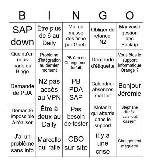 Support Bingo Card
