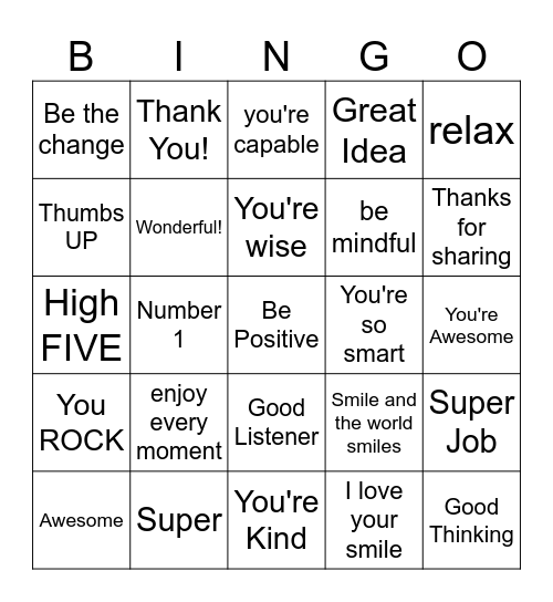 Positive Words Bingo Card
