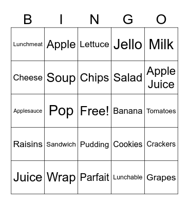 Lunch Food Bingo Card