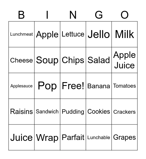 Lunch Food Bingo Card