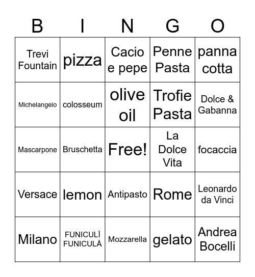 Viva Italia! Bingo Card