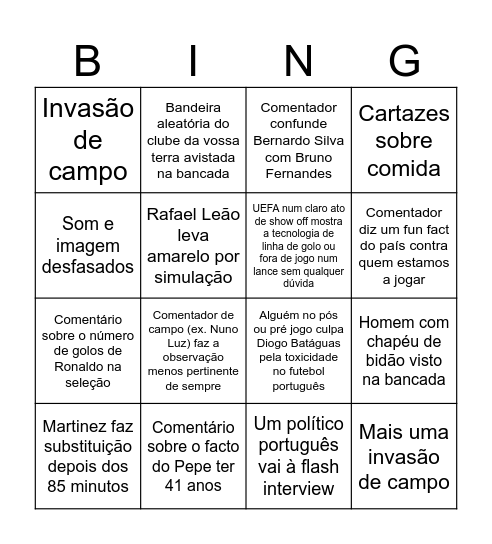 Bingo transmissão de jogos de Portugal Bingo Card