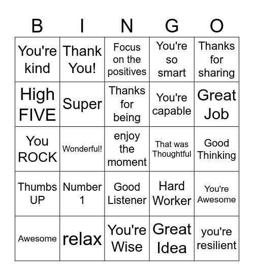 Positive Words Bingo Card