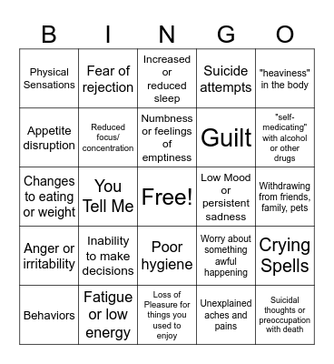 Depression Common Symptoms Bingo Card