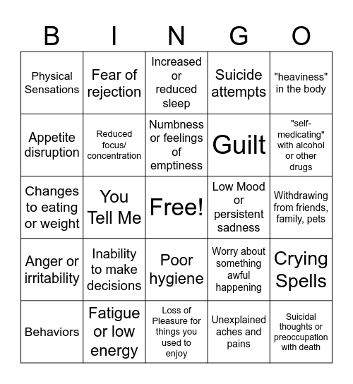 Depression Common Symptoms Bingo Card