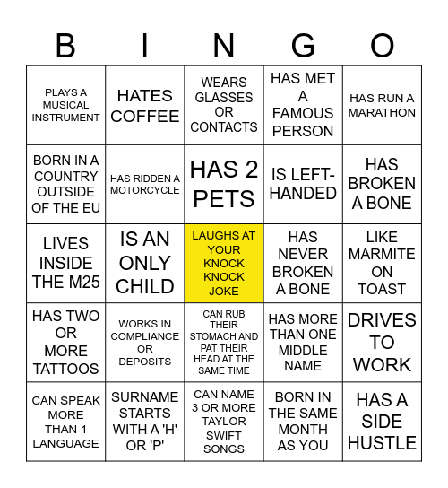 HUMAN BINGO:Find people who fit the descriptions. Write their names in the boxes but you cannot use the same name twice. The first person who gets a cross (any direction) needs to say BINGO and is the winner! Bingo Card
