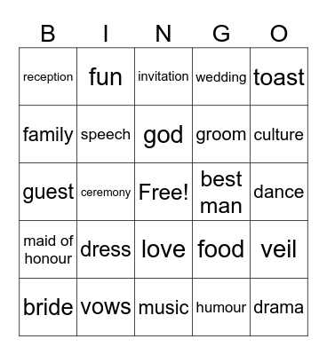 The Wedding Party Bingo Card