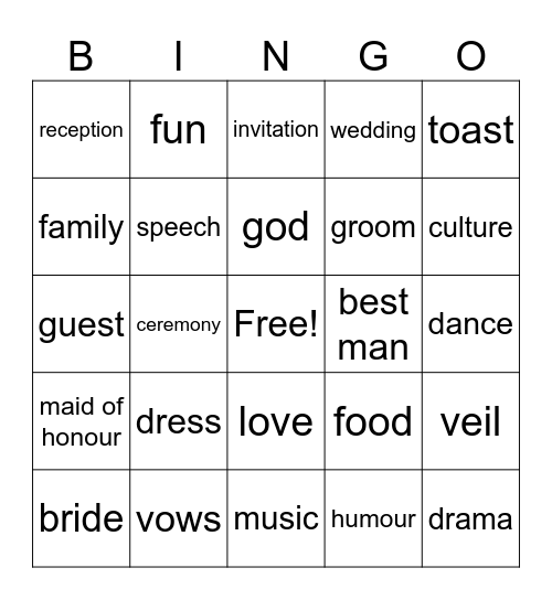 The Wedding Party Bingo Card