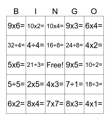Multiplication/Division BINGO Card