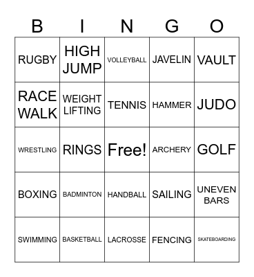 Olympics Bingo Card