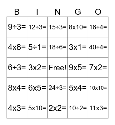 Multiplication/Division BINGO Card