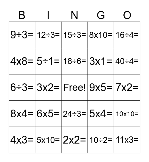 Multiplication/Division BINGO Card