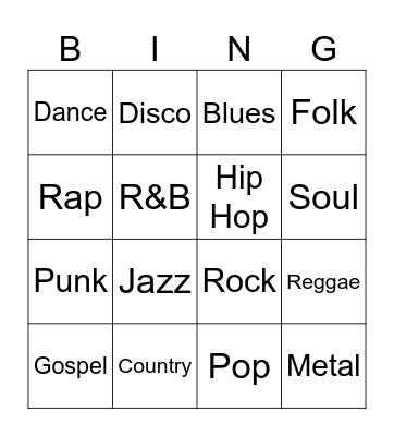 Music Genres Bingo Card