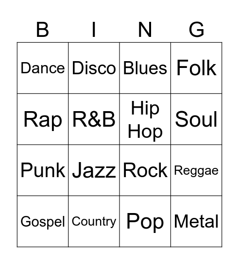 Music Genres Bingo Card