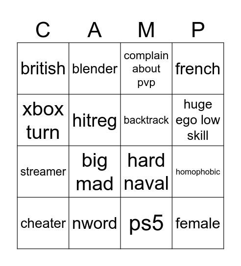 sot camp Bingo Card