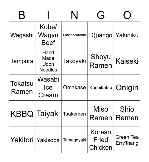 Japan Grub Bingo Card